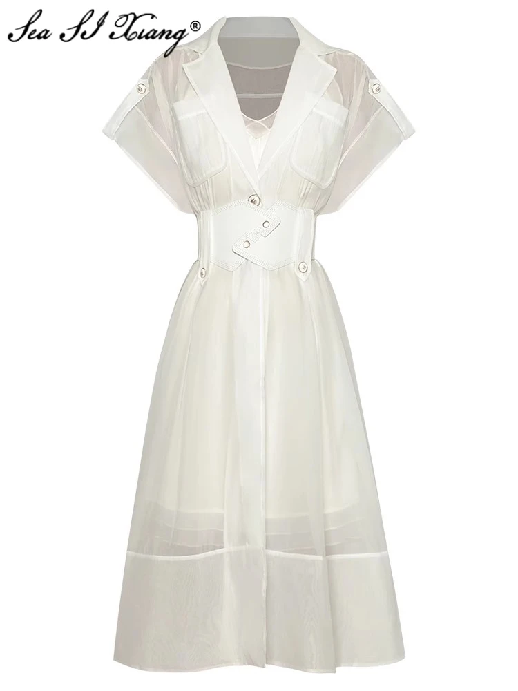 

Seasixiang Fashion Designer Summer Dress Women Turn-down Collar Short Sleeve Belt Pockets Single Breasted Office Lady Dresses