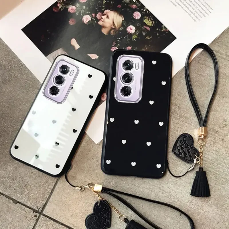 Small Love Heart Shockproof Tassel Wrist Phone Case with Hard Glass Cover