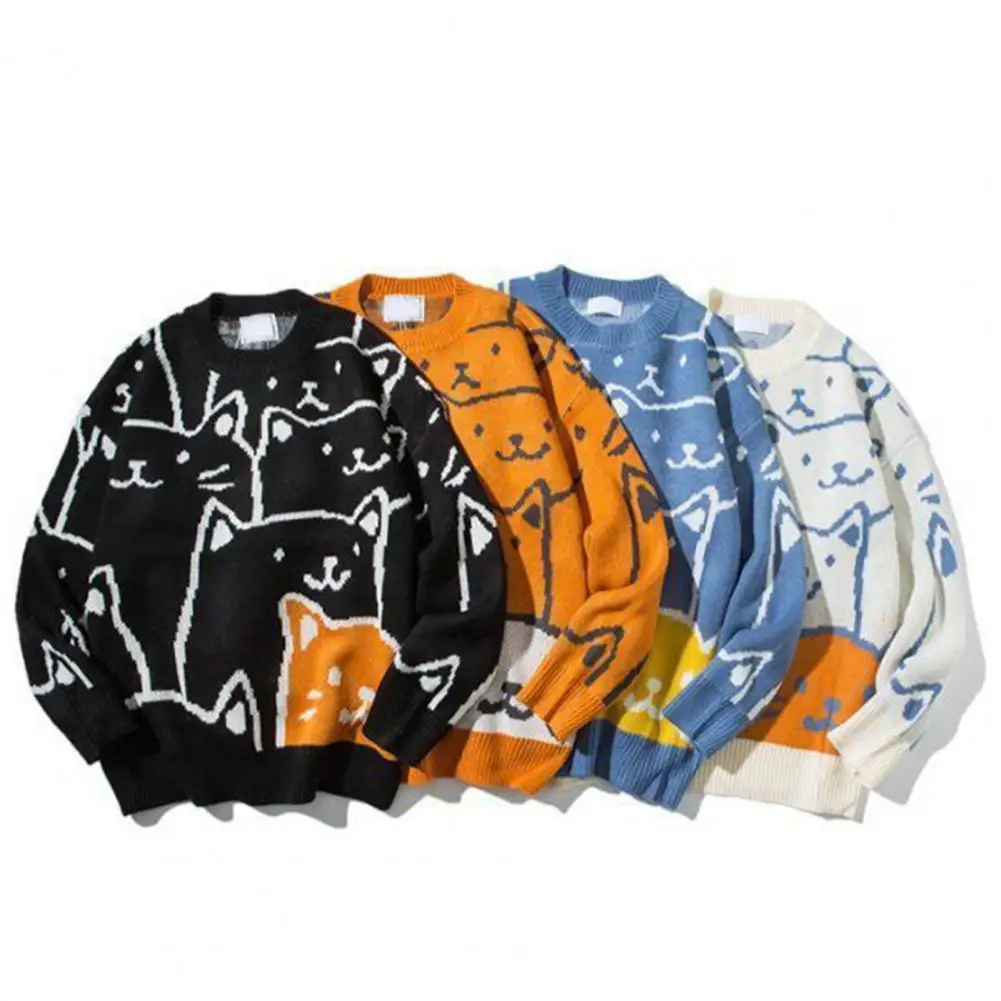 

Cozy Men Sweater Japanese Retro Harajuku Cartoon Cat Knitted Sweater Oversized Men's Winter Pullover Tops with Vintage Knitwear