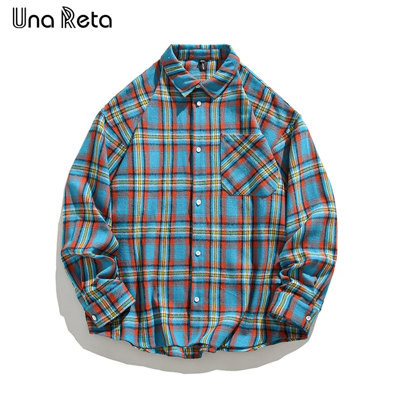 

Una Reta Men's Shirts Spring Autumn New Harajuku Men Clothing Single Breasted Shirt Streetwear Blue Plaid Print Couple Shirts