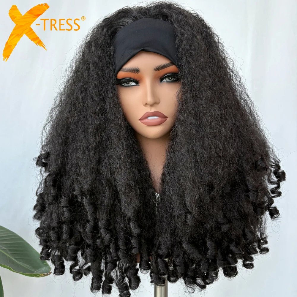 X-TRESS Afro Curly Headband Wig for Women 20inch Long Synthetic Kinky Straight Hair with Bouncy Curls Daily Use Fully Soft Hair