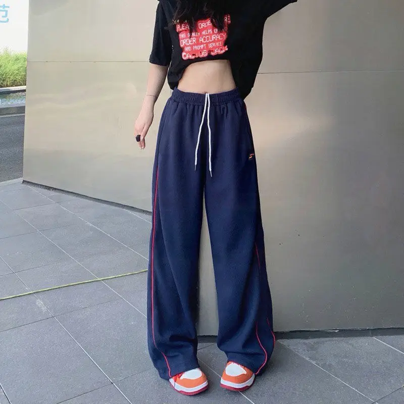 Navy Blue Harajuku Woman Oversize Sweatpants Spring Summer Elastic Waist Pocket Streetwear Fashion Joggers Sport Casual Trousers