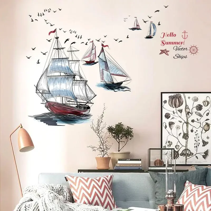 Neukids Adesivi Da Parete 40 Pezzi – Tema Barca A Vela E Gabbiano In Acquerello, Stile Boho Per Cameretta