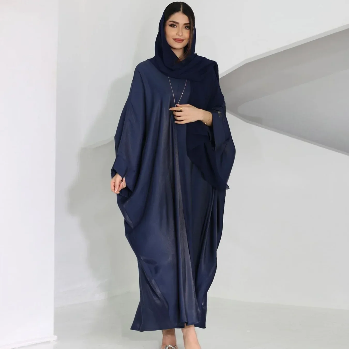 Eid Batwing Abaya Kimono Muslim Cardigan Shiny Satin Open Abayas for Women Dubai Turkey Modest Islamic Outfit Kaftan Hijab Dress