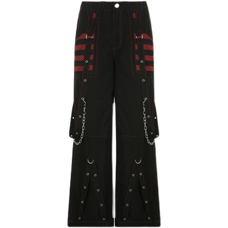 

Punk Dancing Mesh Splicing Chain Cargo Pants Y2K Millennium Loose Skinny Vibe Wide Leg Trousers Women