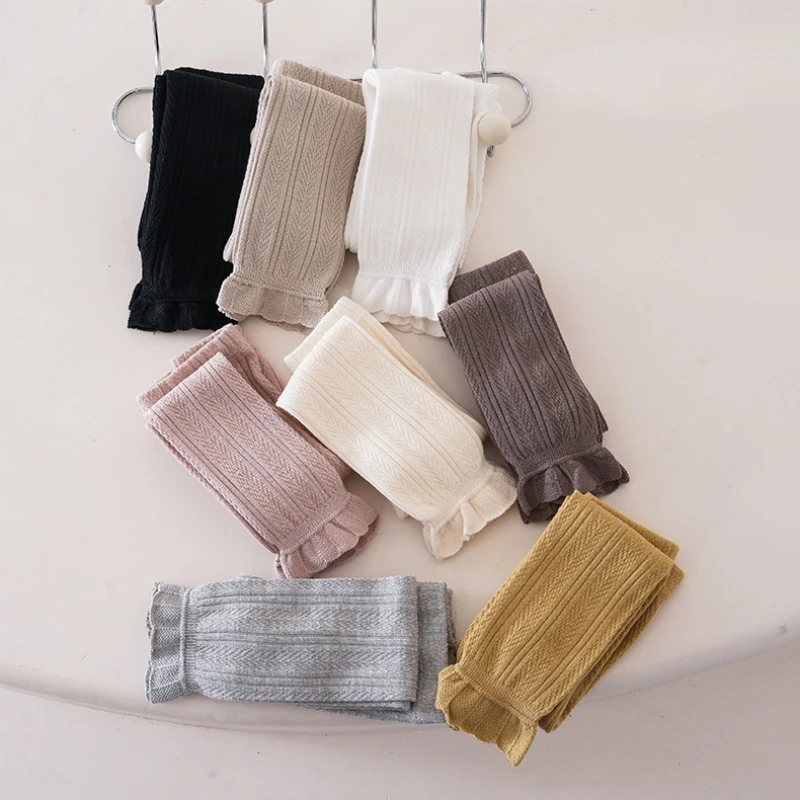 Spring Autumn Baby Girls Stretch Tight Leggings Cotton Solid Ruffle Ribbed Toddler Kid Pants for 1-8 years girl leggings kids tights