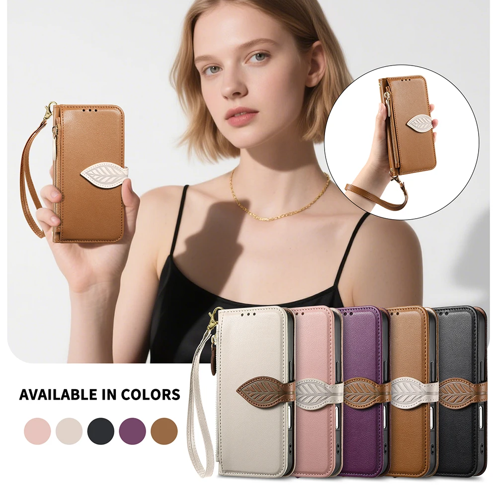 Leaf Buckle Leather Crossbody Lanyard Wallet Phone Case