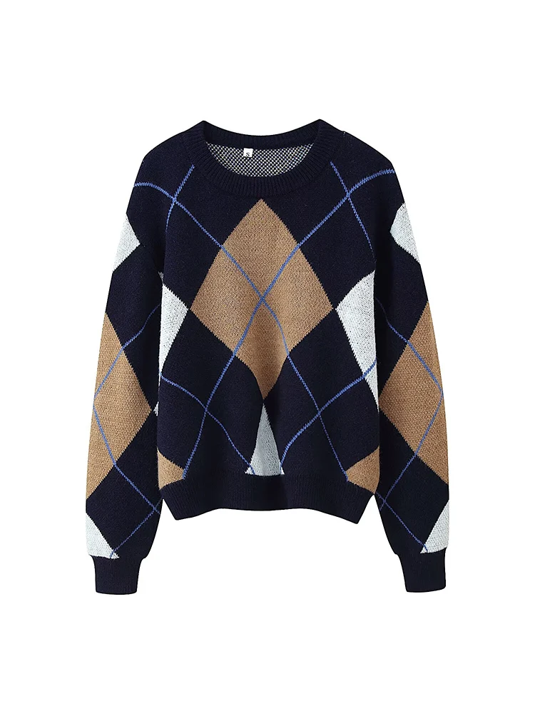 2025 New Women Vintage British Style Knitted Top Elegant Argyle Printed Fashion Pullover Sweater Casual Soft Ladies Knitwear