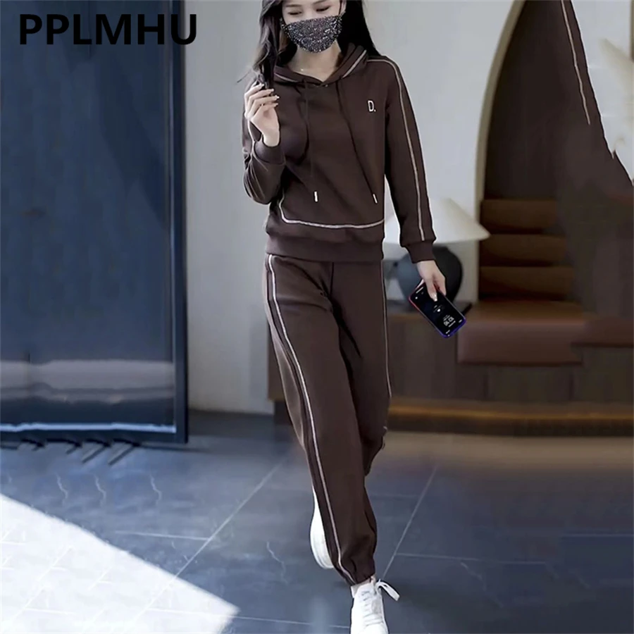 

Korean Casual Side Stripe Loose Outfits Hooded Tops Tracksuits Straight Baggy Jogger Pants Sets Spring Fall Oversize Zestawy