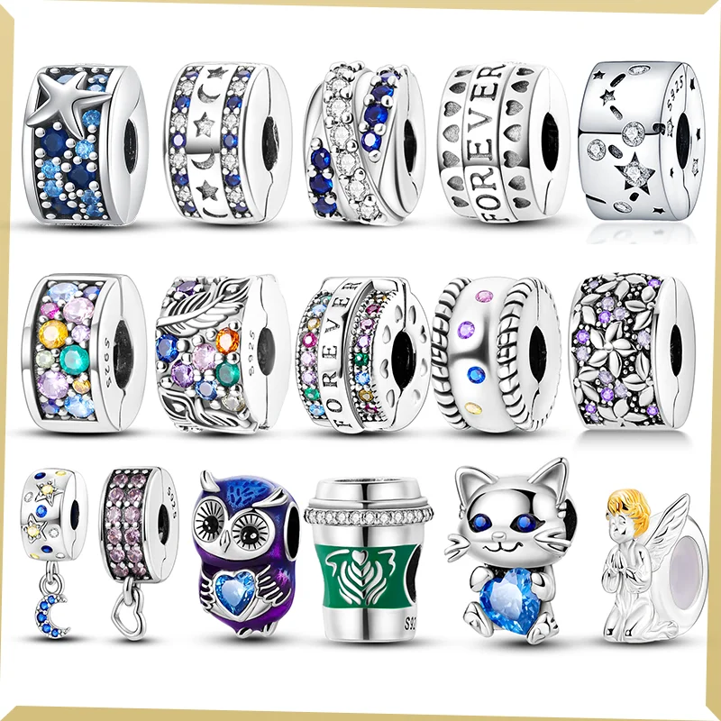 925 пробы Серебряный цветной CZ разделитель Звезда Луна бабочка зажим талисманы паве сердце подходят для браслета Пандора ювелирные изделия DIY подарок