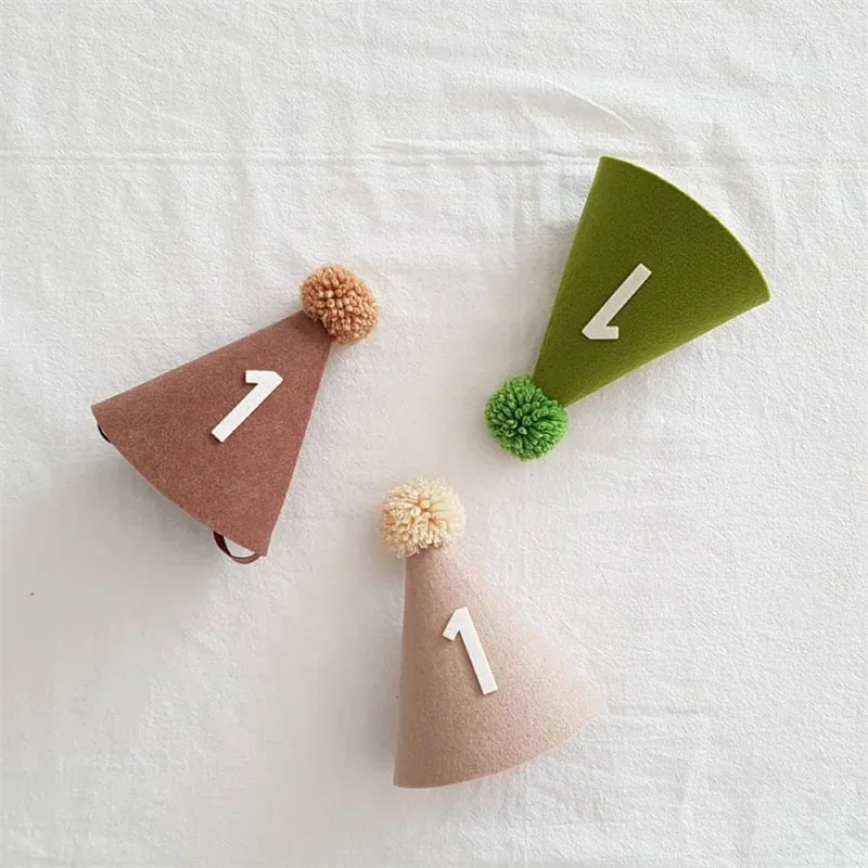 Children Birthday Felt Number Hat Baby Caps Mommy Daddy Crown Avocado Green Coffee Khaki Party Retro Hats Kids Photography Props