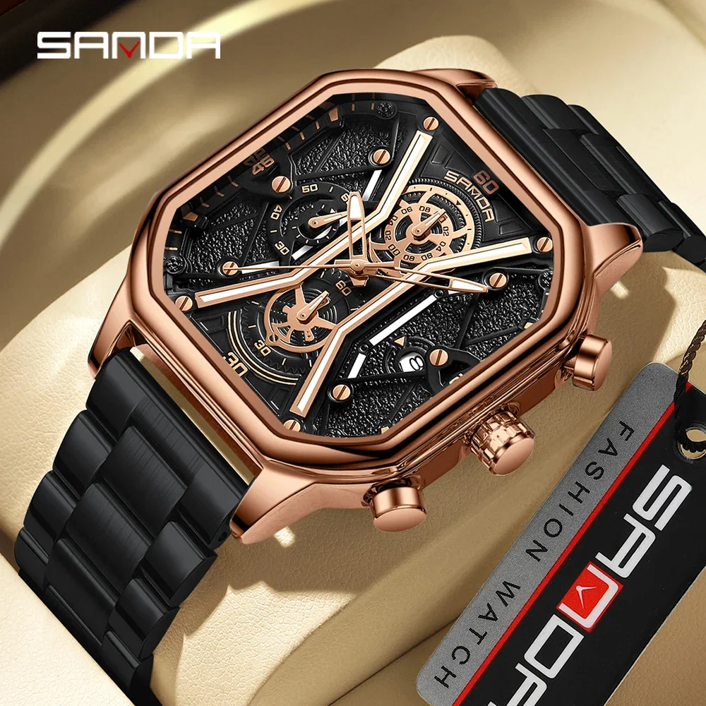 SANDA 7057 Luxury Watch Business Waterproof Male Clock Luminous Date leather Square Quartz Men Wristwatches Reloj Hombre