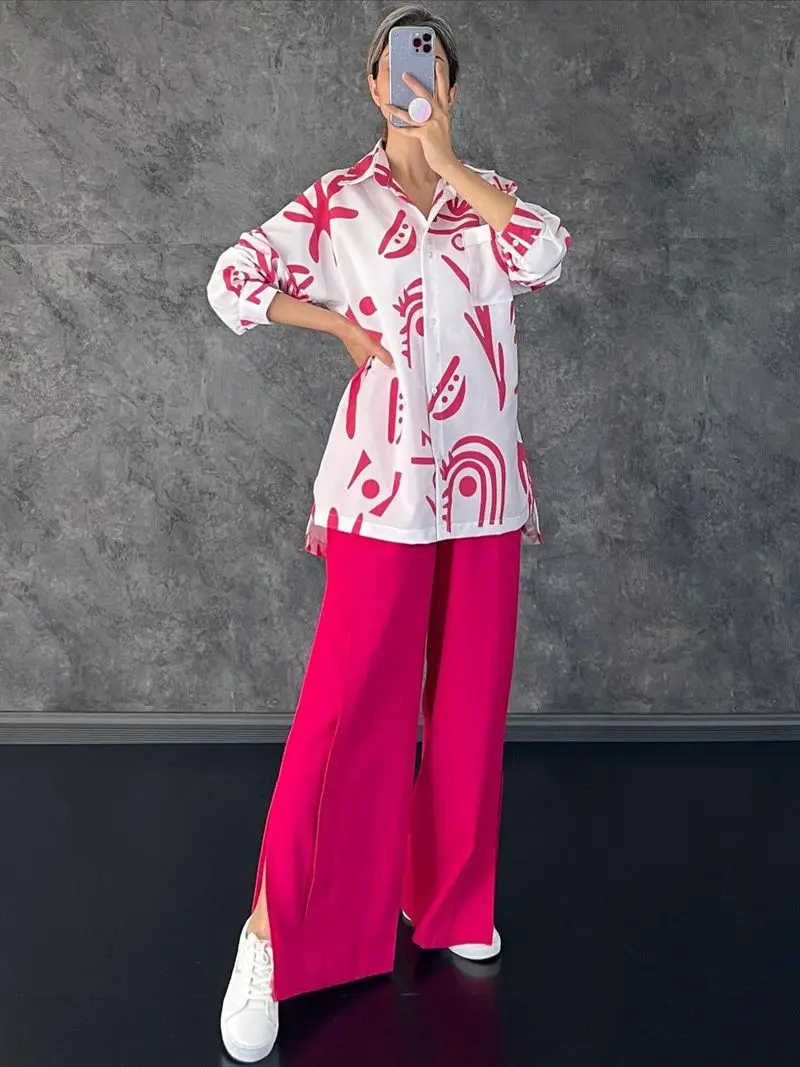 

Женский элегантный костюм из двух предметов, Женский комплект из двух предметов с разрезом и широкими штанинами, свободная рубашка с длинным рукавом и брюки с принтом