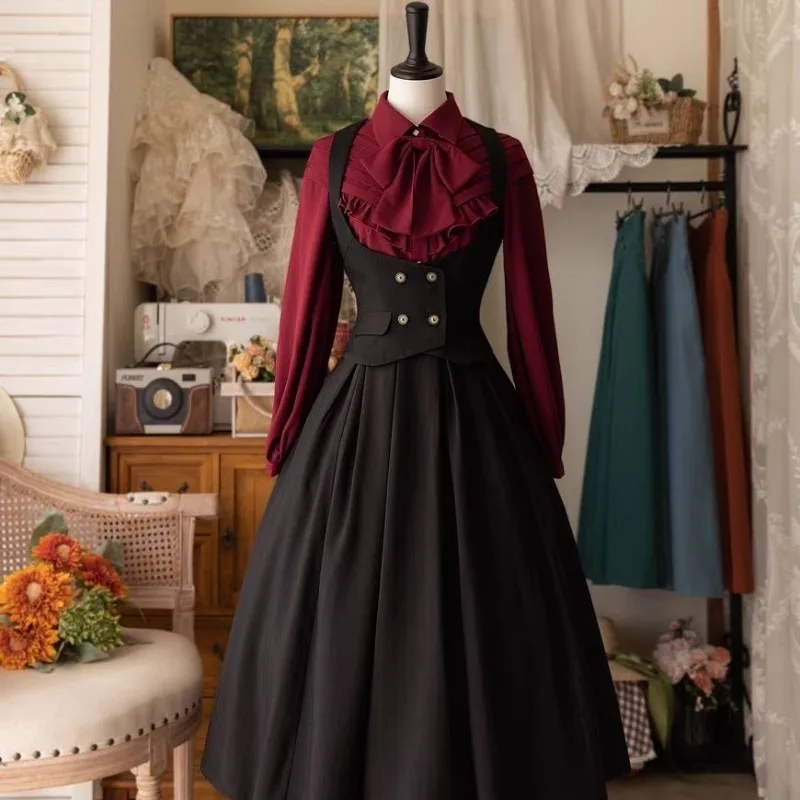 Vintage Victorian Lolita Midi Skirt Women Elegant Sweet Y2k Button Slim A-Line Long Skirts Japanese Female Classical Party Skirt