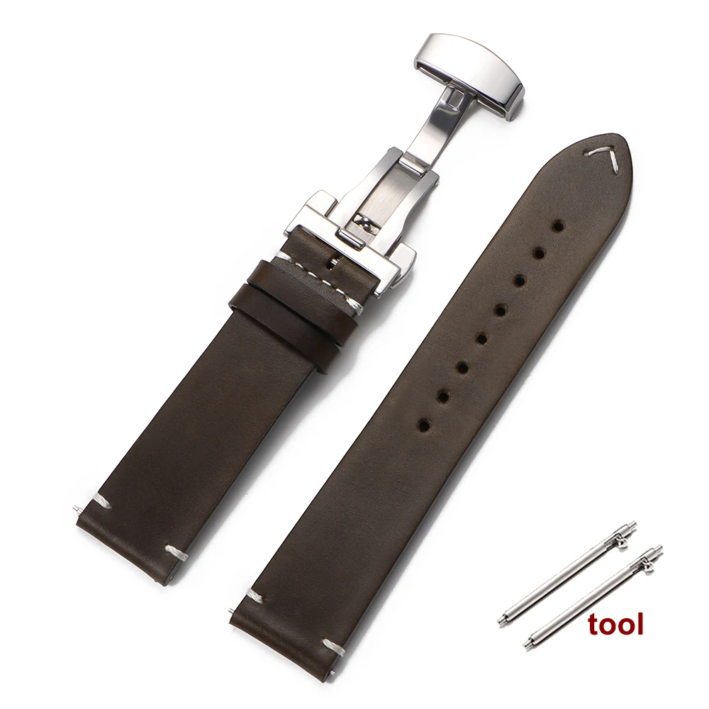 Vintage Oil Wax Genuine Leather Watchband with Quick Release Butterfly Buckle