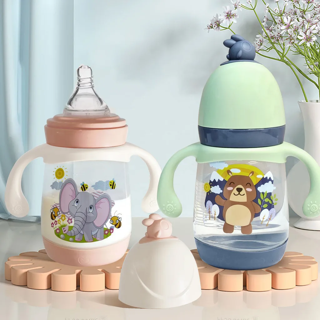 240ml Cartoon Chicken Baby Bottle with Dual Handles and Scale Line, Includes Cute Dust-proof Cover