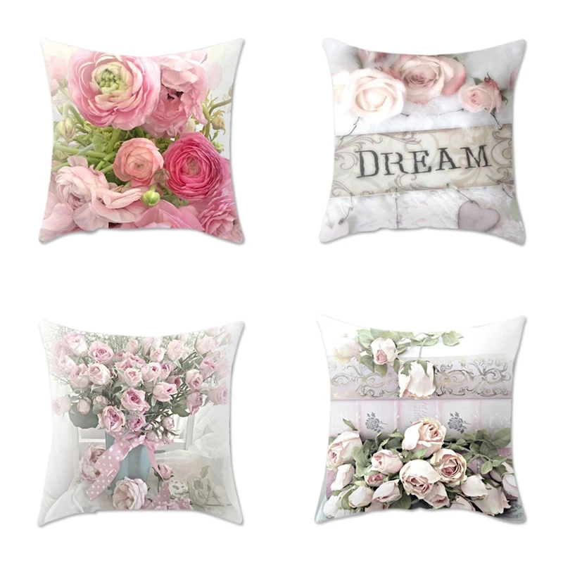 

BEAU-Decorative Throw Pillow Covers 45 X 45CM For Couch Set Of 2 Mediterranean Style Rose Pillow Cases Soft Pillowcase