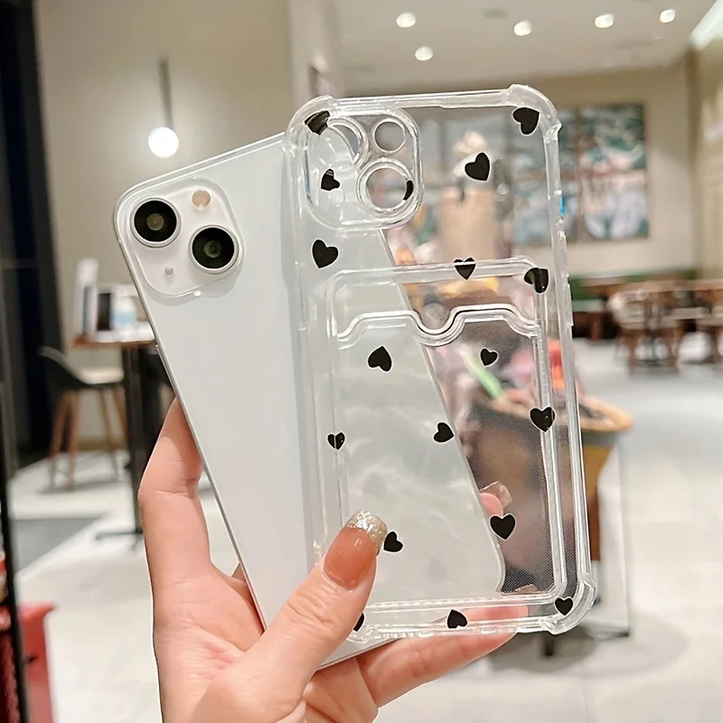 Elegant Black & White Love Heart Clear Phone Case with Wallet and Card Holder