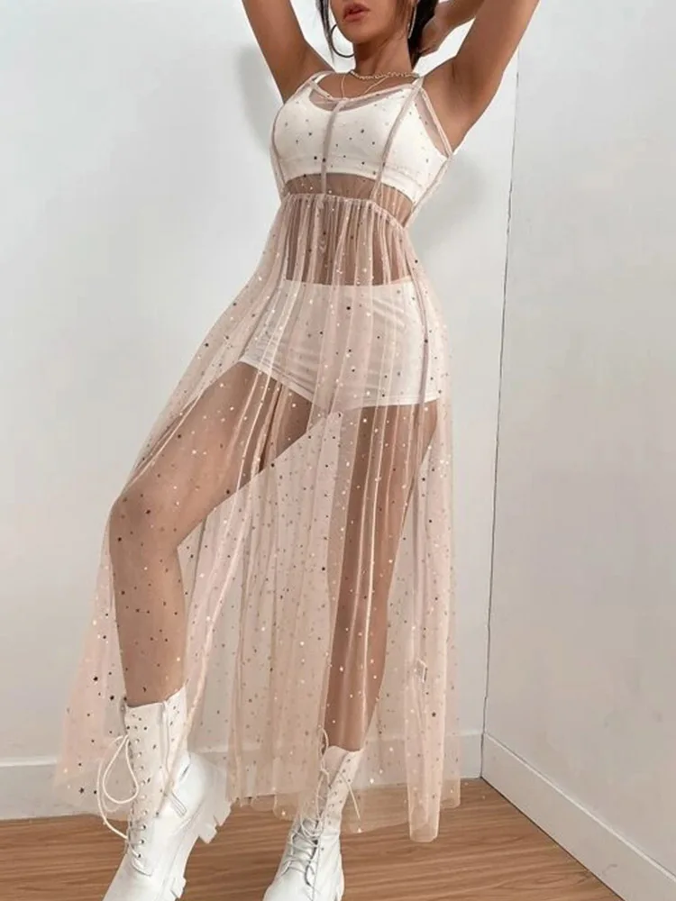 Sexy Perspective Star Mesh Bikini Cover Up Dress Fashion Ins Style Street Sling Dress New Long Net Yarn Female Beachwear Dress bathing suit cover