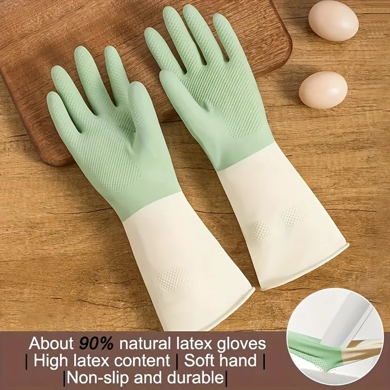 Two-color Dishwashing Gloves Kitchen Oil-proof Durable Wear-resistant Waterproof Rubber Gloves Household Dishes Cleaning Gloves
