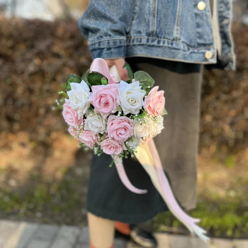 Wedding Bouquet Bride Bridesmaid Accessories Silk Ribbon Artificial Roses Holding Flowers Favors wedding bouquets,artificial rose flowers,wedding flower decoration