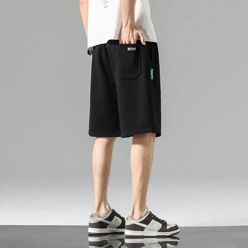 2023 Summer New Solid Color Casual Loose Knee Length Shorts Man Elastic Waist Drawstring Pocket Fashion Motion Out Streetwear