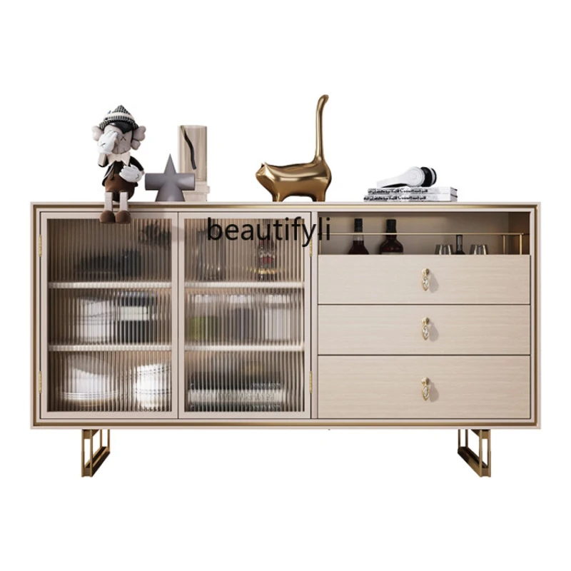 yj Italian Affordable Luxury Style Sideboard Modern Minimalist Solid Wood Liquor Cabinet with Induction Lamp