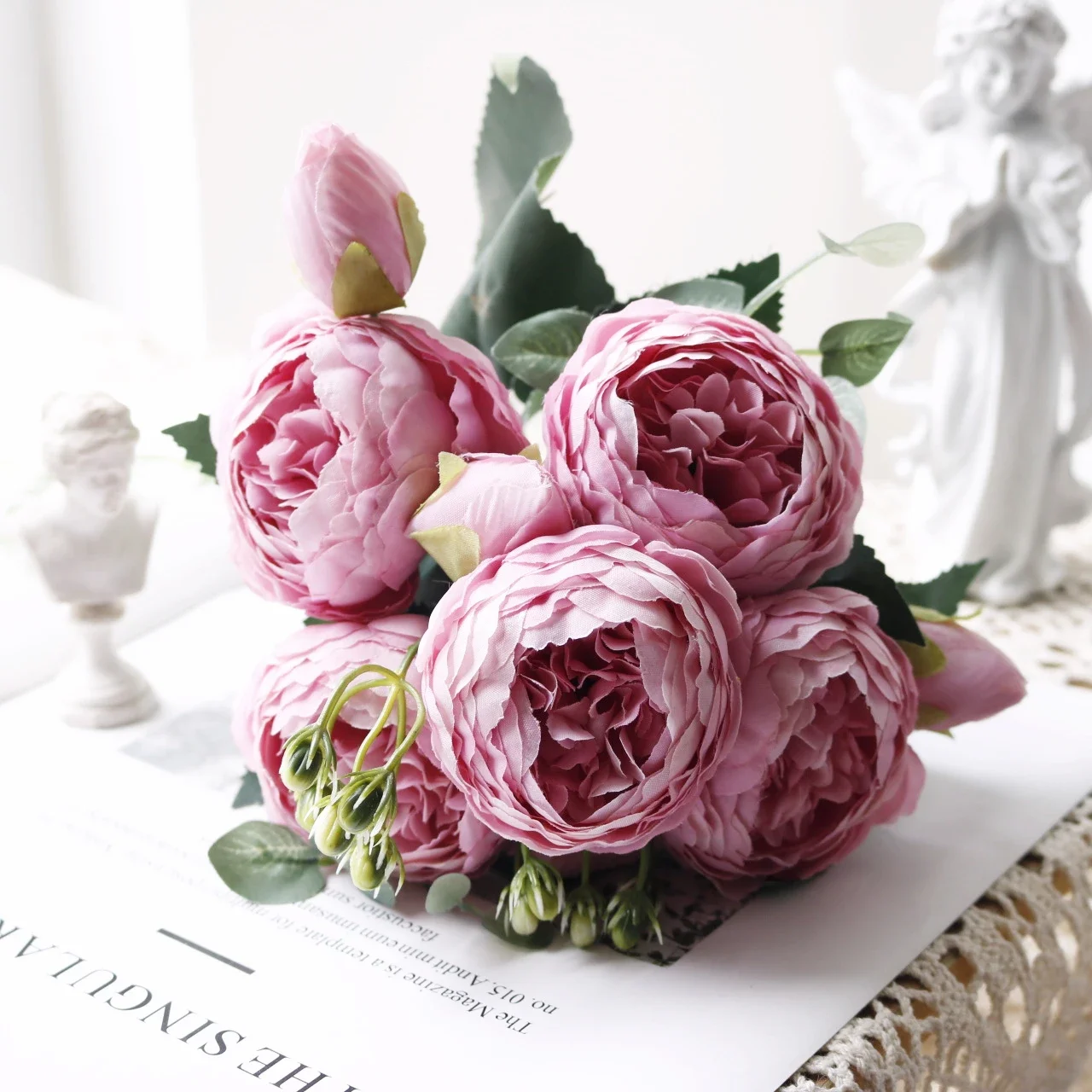 30cm Rose White Peony Artificial Flowers Bouquet 5 Big Head and 4 Bud for Home Wedding Decoration Indoor