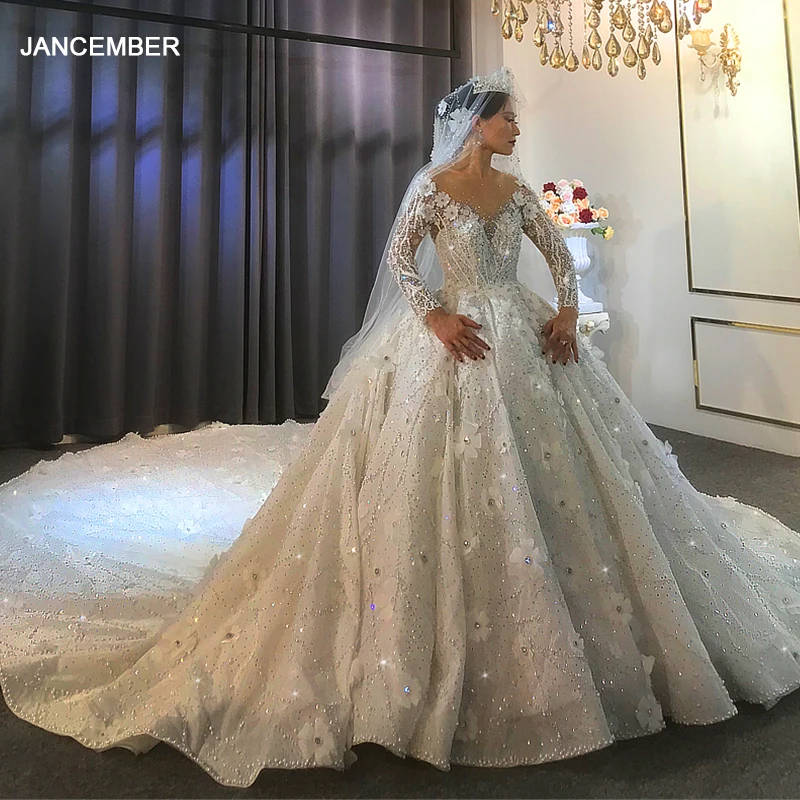 

NS3928 Long Sleeve Reception Dress For Bride Royal Train Wedding Wedding Dress Appliques Beading Glitter Wedding Dress una línea