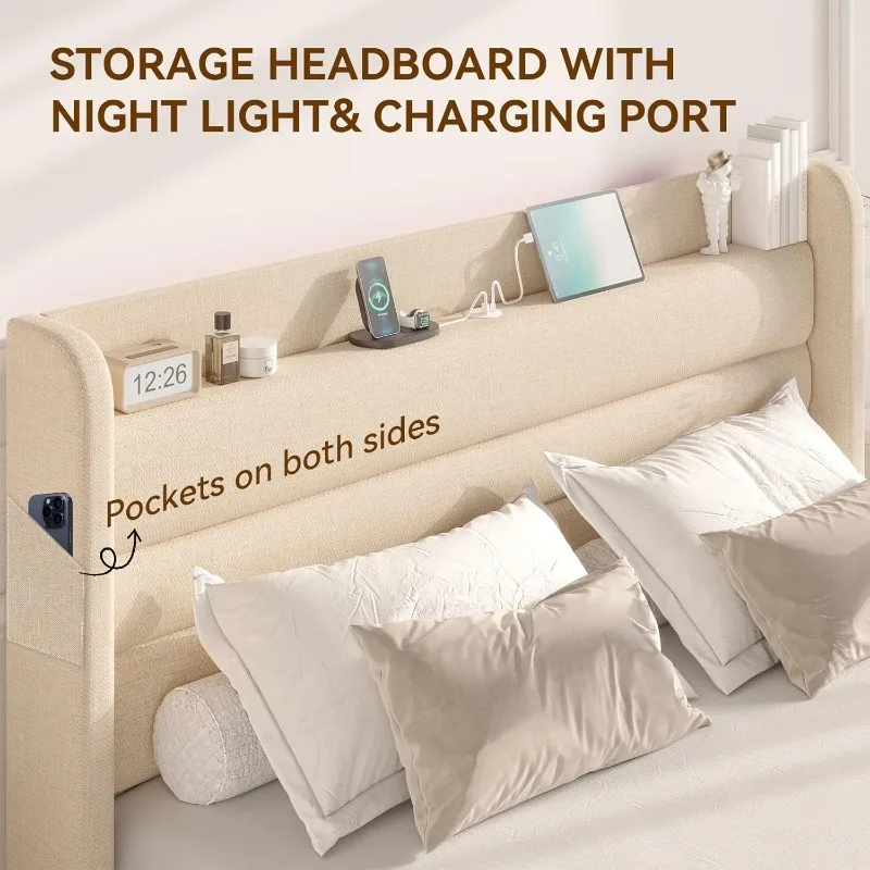 NEW Queen Bed Frame with Charging Station, Type-C & USB Ports and LED Light, Linen Upholstered Bed Frame Queen Size  Beige 4