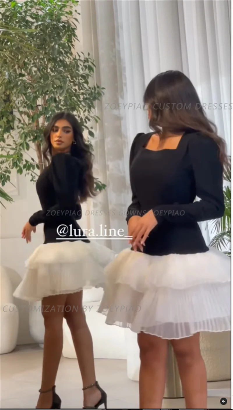 Vestido de fiesta de Organza para mujer, traje de noche Formal de manga larga, color blanco y negro