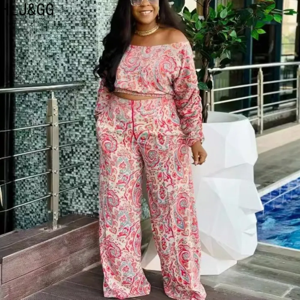 HLJ&GG Fashion Pattern Print Wide Leg Pants Two Piece Sets Women Off Shoulder Long Sleeve Top And Pants Outfits Female Clothing