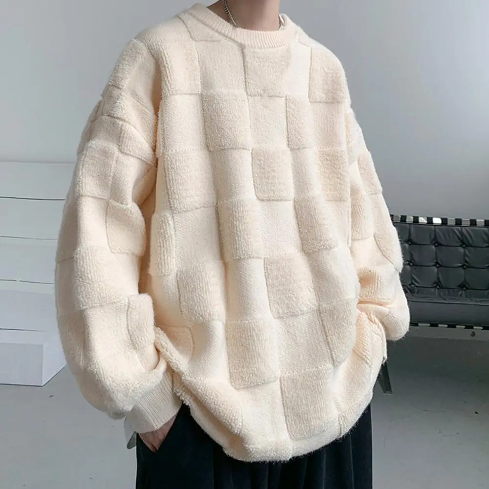 Unisex Sweater Thick Warm Knitted Men's Sweater with Crew Neck Patchwork Design for Winter Fall Plus Size Long Sleeve Pullover