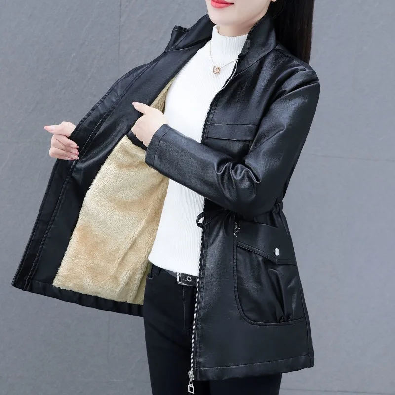 2023 Autumn Winter New Stand Collar Solid Color Temperament  Long Leather PU Coat Women Season Coat Fashion Ladies Style Classy