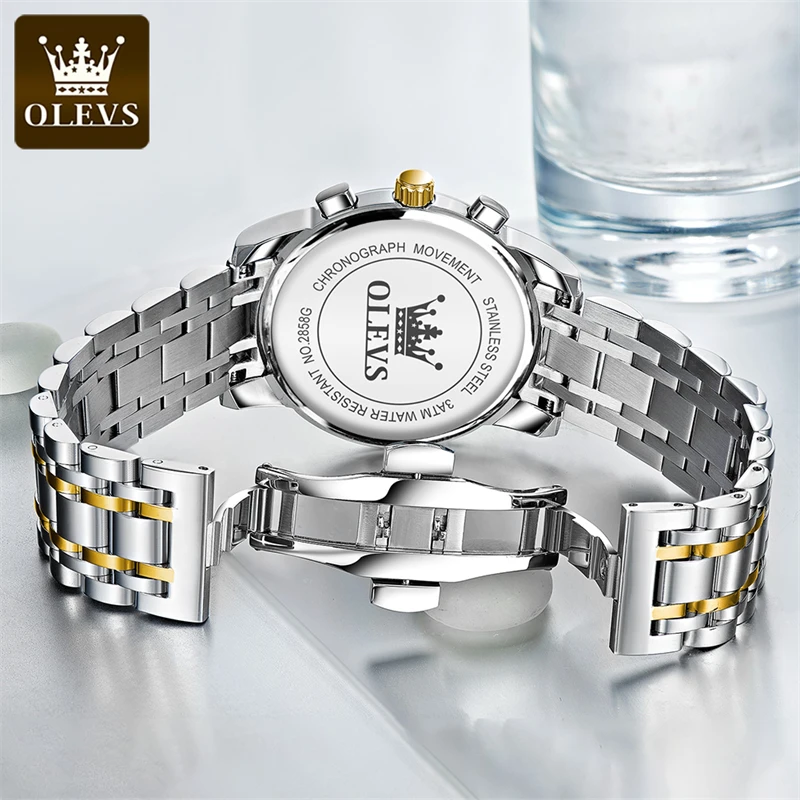 OLEVS Mens Watches Top Brand Luxury Stainless Steel Waterproof Luminous Chronograph Quartz Watch Fashion Business Wristwatch