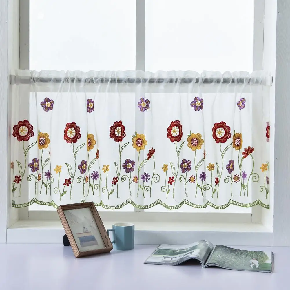100*50cm Short Curtain 1 Sheet  Polyester Window Sheer Perforated Flower Embroidered Window Voile Curtain For Bay Window Kitchen 2