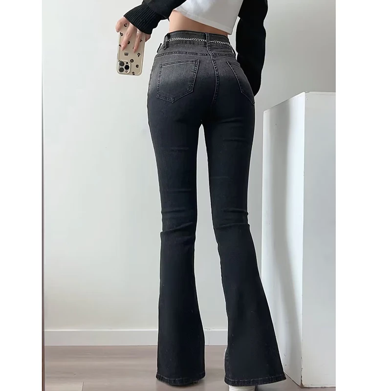 Women Winter Vintage With Belt Jeans Pants Fashion High Waist Stretch Street Style Female Flare Pants pantalones de mujer