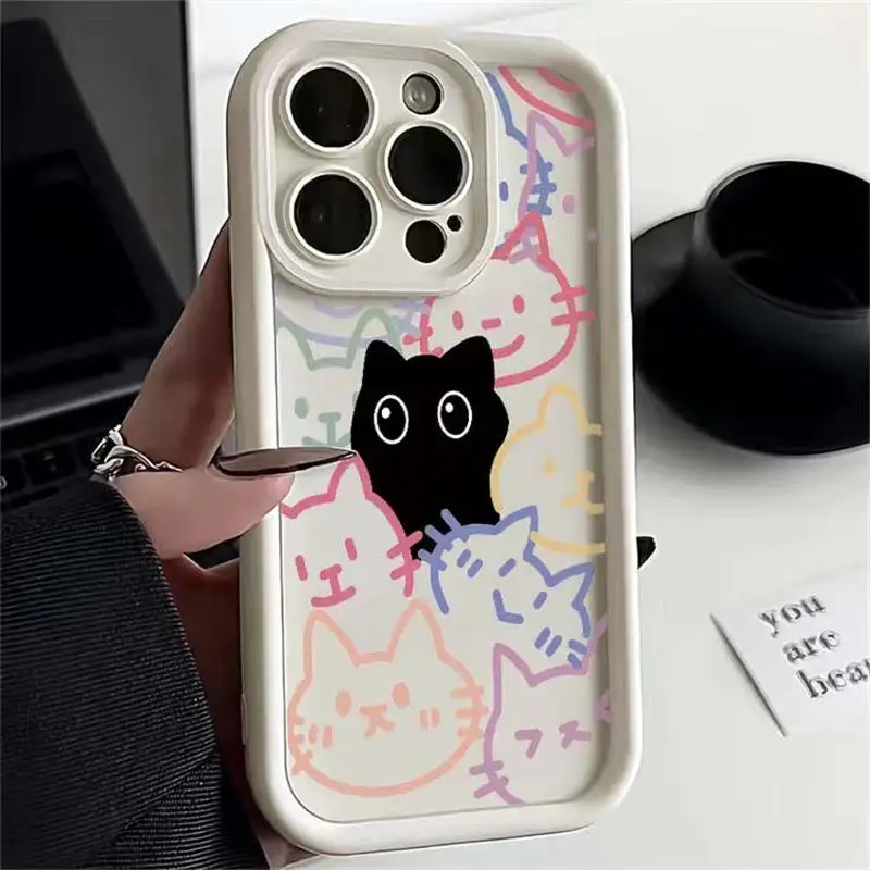 Adorable Black Cat Couple Silicone Soft Phone Case - Y2K Cartoon Design