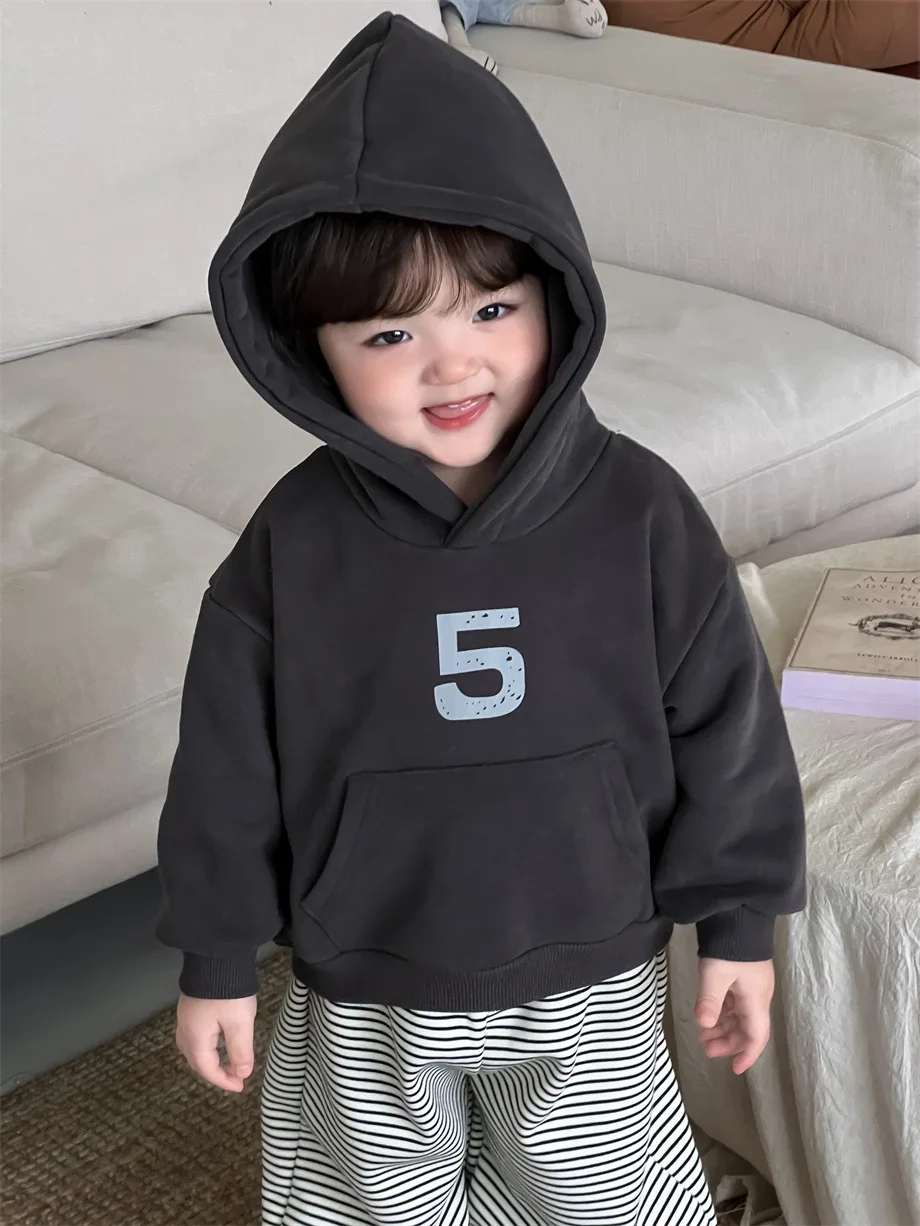 2025 Winter New Baby Plus Velvet Thick Hooded Sweatshirt Letter Print Infant Toddler Fleece Warm Tops Boys Girls Cotton Clothes