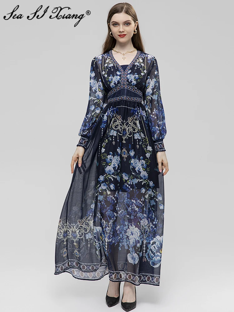 

Seasixiang Fashion Designer Summer Chiffon Long Dress Women V-Neck Lantern Sleeve Flowers Print Indie Folk Dresses
