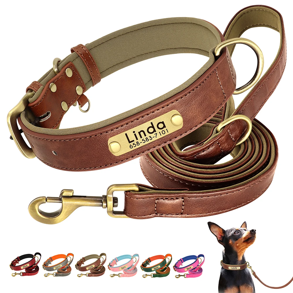 

Customized Leather Dog Collar Leash Set Soft Padded Leather Collar For Small Medium Large Dogs With Free Engraved Nameplate