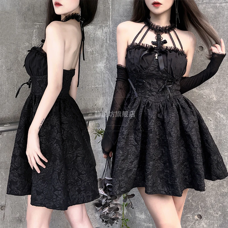 

Sexy Gothic Dress Bar Party Black Cross Outfit Witch Attire Cosplay Dark Mage Little Attire Disfraz Halloween Costume for Women