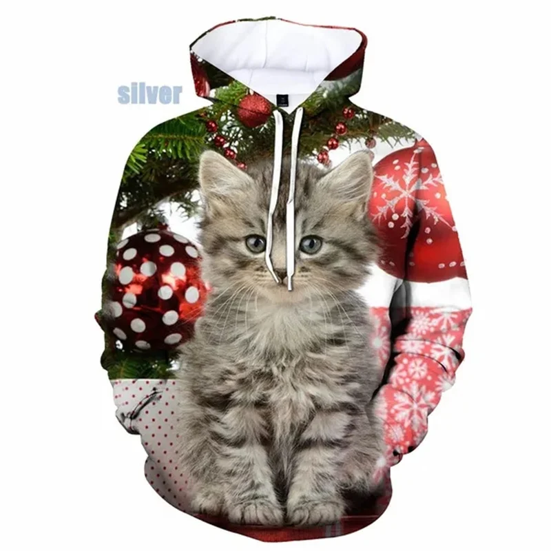 Sudadera con capucha de Papá Noel y gato con estampado 3D para hombre, sudadera con estampado de árbol de Navidad y muñeco de nieve, unisex, holgada, de manga larga