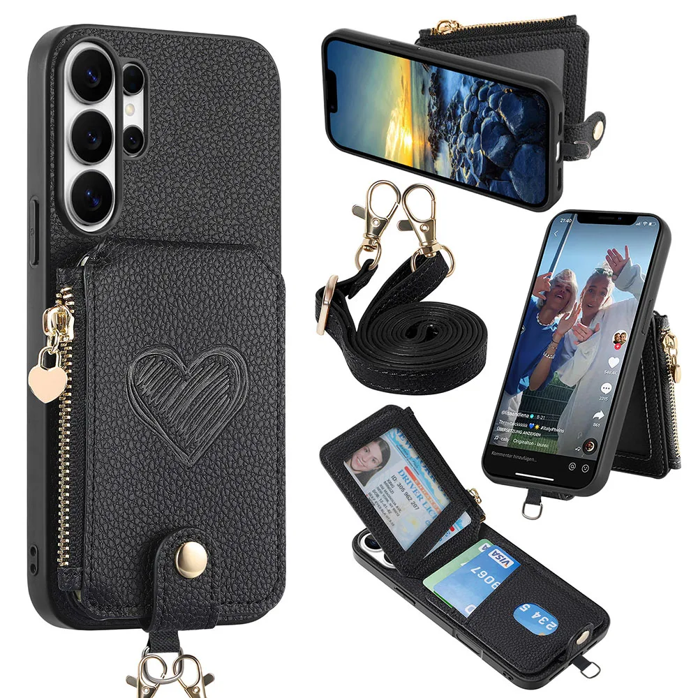 Leather Zipper Wallet Phone Case with Card Holder and Lanyard