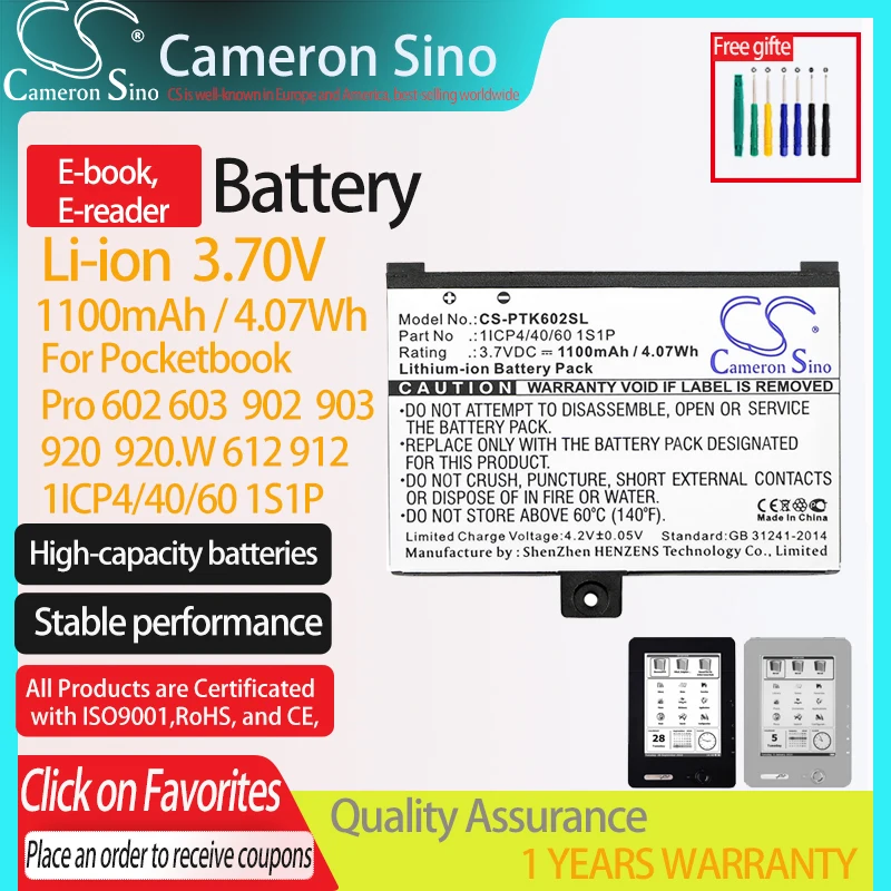 Cs E-Book E-Reader Battery For Pocketbook Pro 602 603 902 903 920 920.W 612 912 Fits 1Icp4/40/60 1S1P 1100Mah/4.07Wh Li-Ion