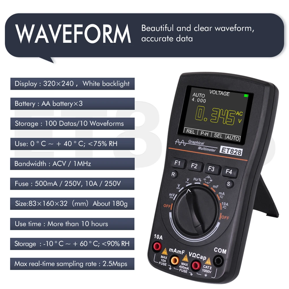 ET828 2 in 1 Digital Oscilloscope Multimeter 1MHz 2.5Msps Tester with Analog Bandwidth Intelligent Graphical Oscilloscope Meter
