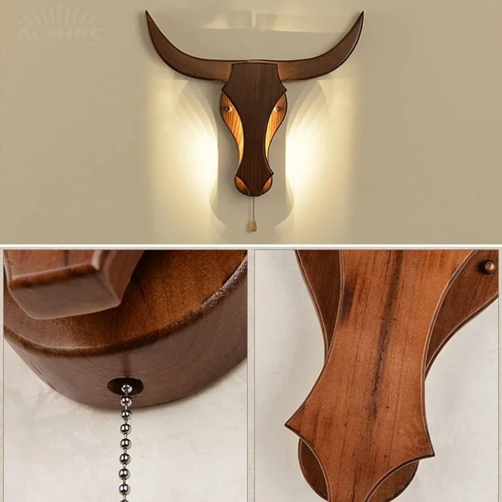 Vintage Wall Sconce Lamp 3 Color Temperatures Retro LED Industrial Wall Light Wood -Wall Sconce Lamp Ox Head Shape for Home Bar