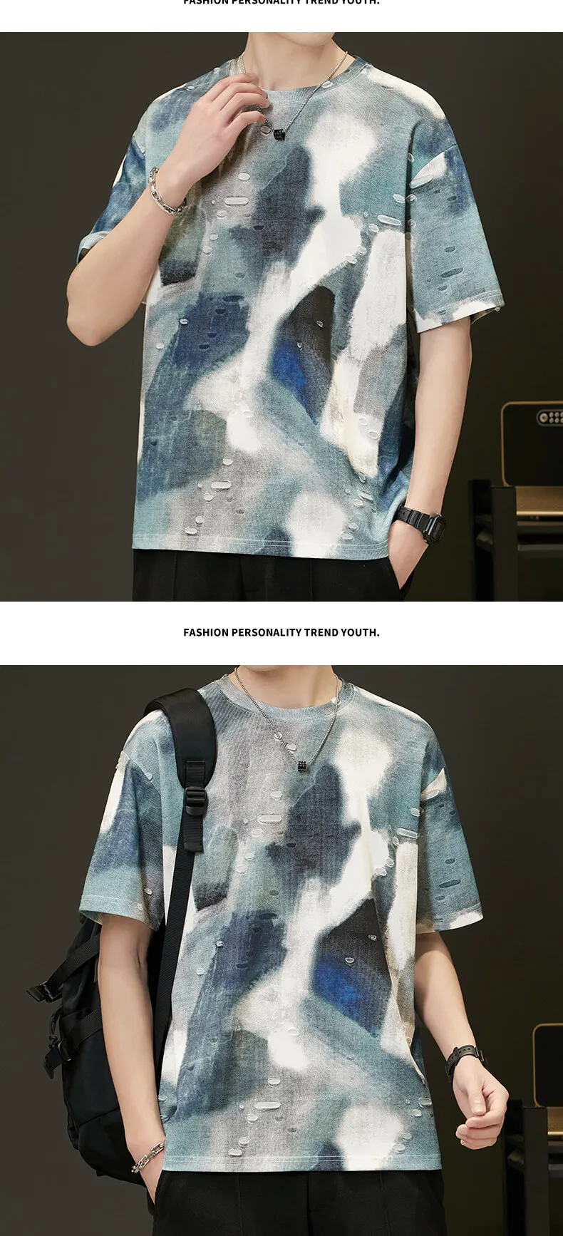 Tie-Dye Distressed Kurzarm-Baumwoll-T-Shirts für Herren – Sommer 2026 Trendige Jugend-Ripped-Hole-Tees – High-Street-Wear Oberteile Kleidung – Detail 7