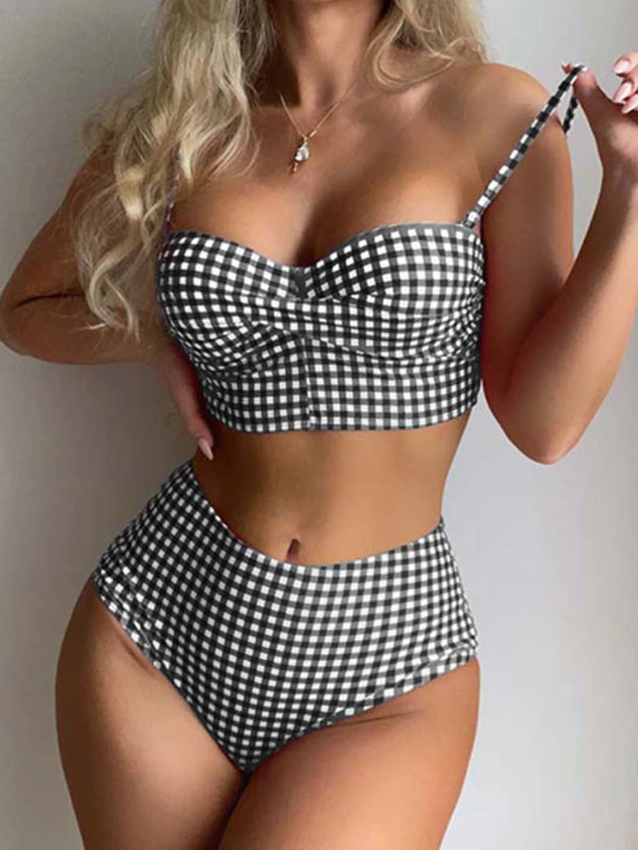 Bikini set women swimwear bikini swimsuit High Waist Gingham Printed Straped Padded Bathers