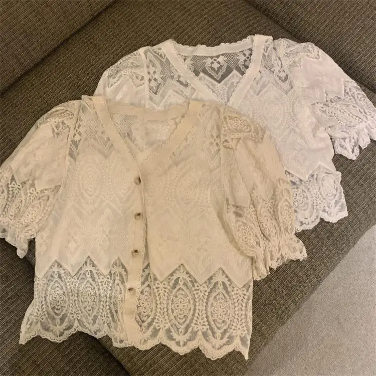 

Lace Ruffle Summer Cardigan Sunscreen Loose Coat Women Casual Fashion Half Sleeves Short Versatile Hollow Out Lace Tops A224